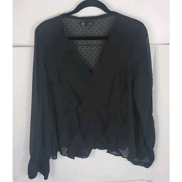 Zara TRF  Black Dotted Ruffled Long Sleeve Boho Chic Sheer Blouse Top Size W M - Picture 2 of 7